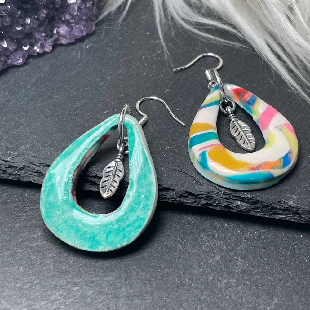 Custom Made Clay Teardrop Earrings With Antique Silver Feather Charms - Picture 11 of 11